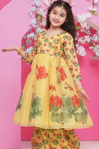Girls floral printed v-neck anarkali kurta with sharara & dupatta