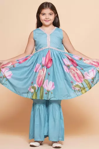 Girls floral printed empire gotta patti a-line kurta with sharara
