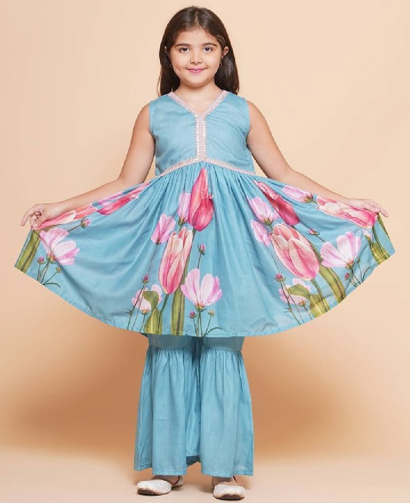 Girls floral printed empire gotta patti a-line kurta with sharara