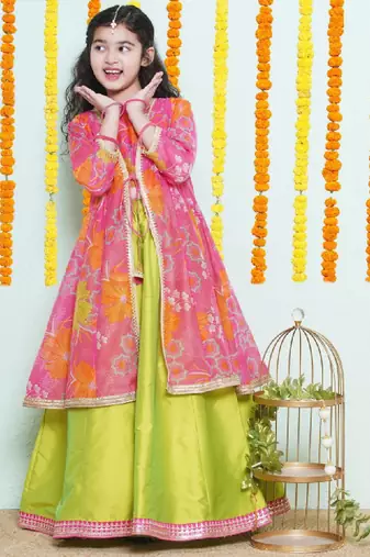 Girls girls printed sequinned ready to wear lehenga with blouse & shrug