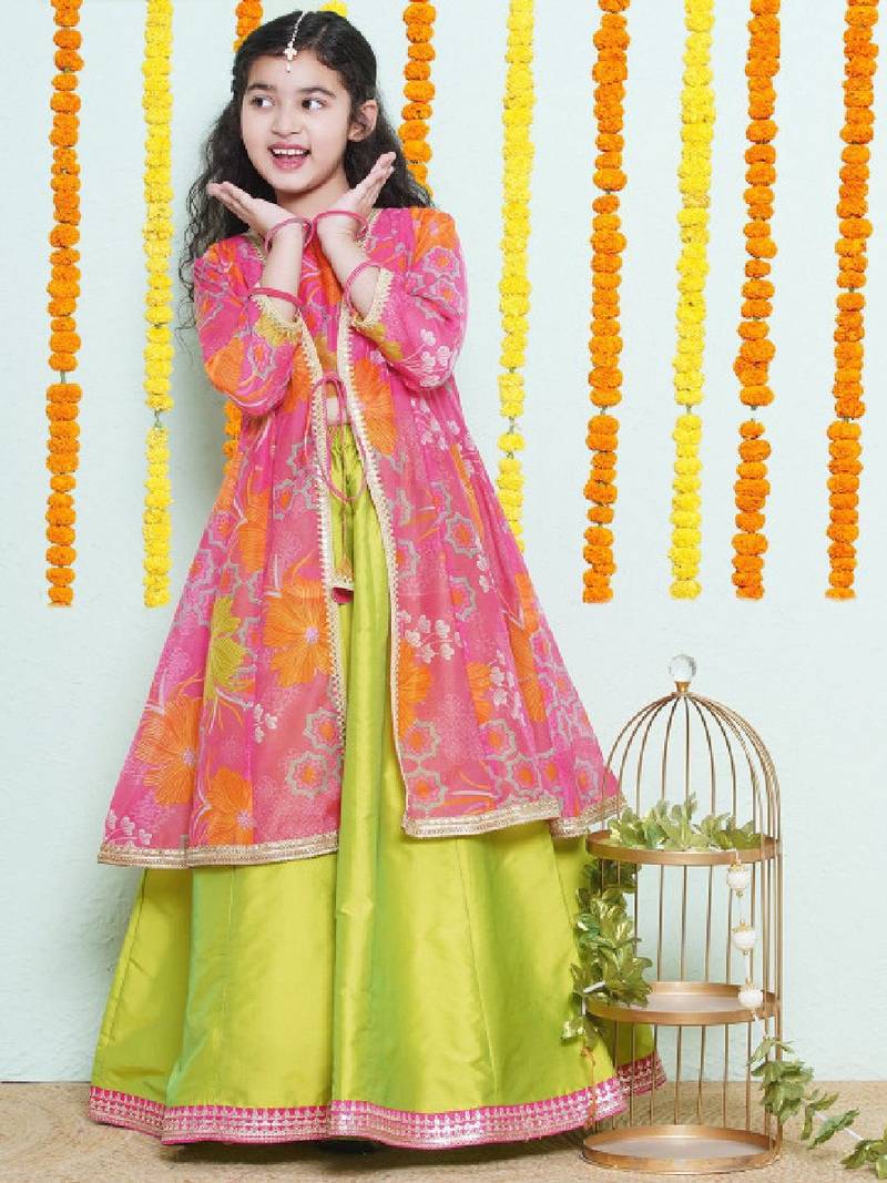 Girls girls printed sequinned ready to wear lehenga with blouse & shrug