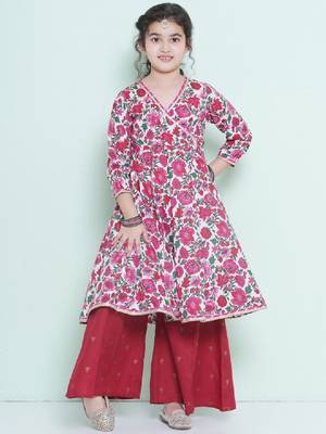 Girls floral printed angrakha pure cotton anarkali kurta with palazzos 1