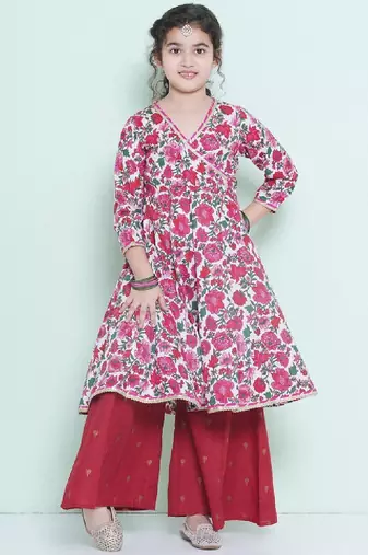 Girls floral printed angrakha pure cotton anarkali kurta with palazzos