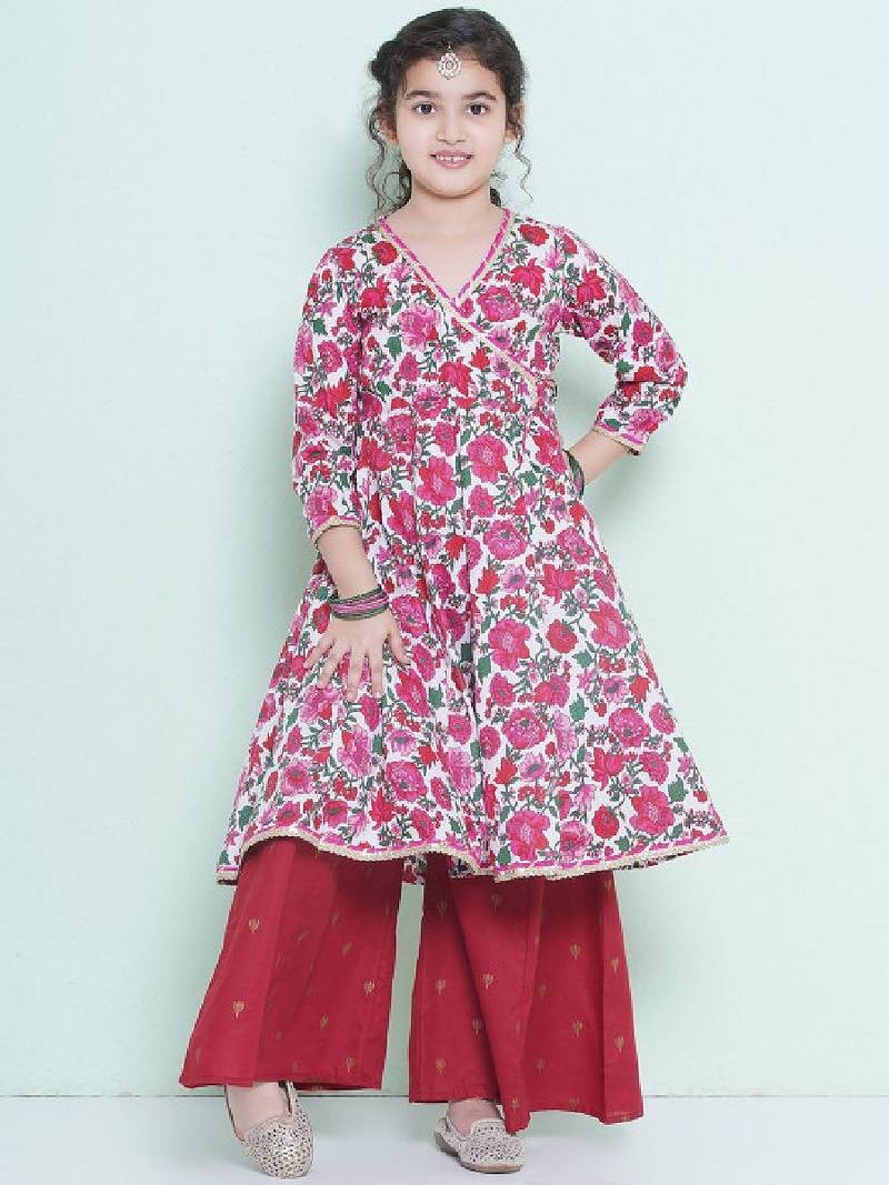 Girls floral printed angrakha pure cotton anarkali kurta with palazzos