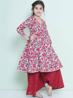 Girls floral printed angrakha pure cotton anarkali kurta with palazzos 4
