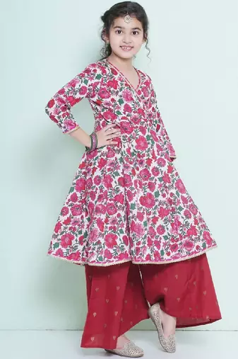 Girls floral printed angrakha pure cotton anarkali kurta with palazzos