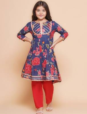 Girls floral printed gotta patti pure cotton anarkali kurta with palazzos 1