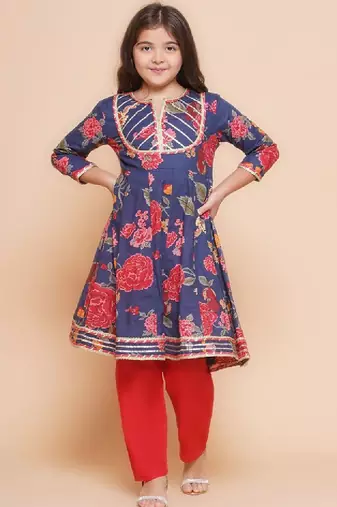Girls floral printed gotta patti pure cotton anarkali kurta with palazzos