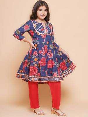 Girls floral printed gotta patti pure cotton anarkali kurta with palazzos 3