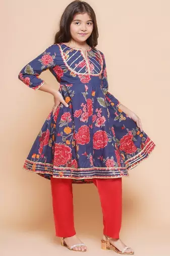 Girls floral printed gotta patti pure cotton anarkali kurta with palazzos