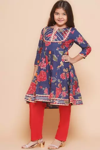 Girls floral printed gotta patti pure cotton anarkali kurta with palazzos