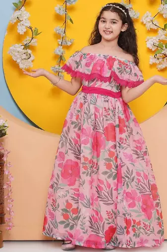 Girls floral printed gathered fit and flare maxi dress