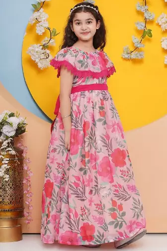 Girls floral printed gathered fit and flare maxi dress
