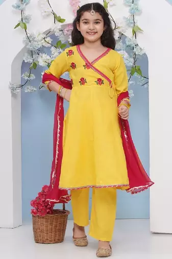 Girls floral embroidered angrakha gotta patti pure cotton kurta with trousers & with dupatta