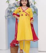 Girls floral embroidered angrakha gotta patti pure cotton kurta with trousers & with dupatta