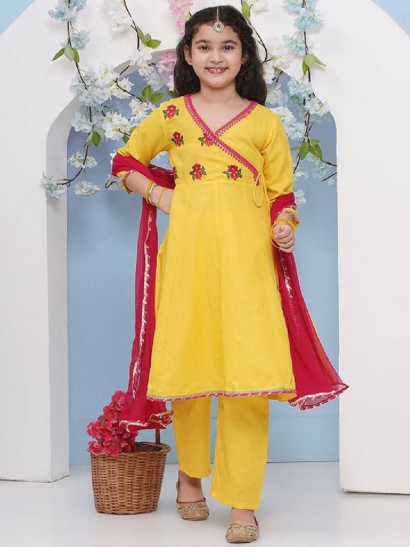Girls floral embroidered angrakha gotta patti pure cotton kurta with trousers & with dupatta
