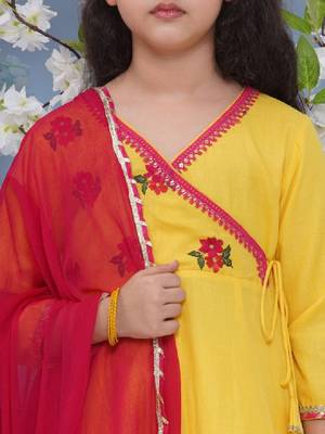 Girls floral embroidered angrakha gotta patti pure cotton kurta with trousers & with dupatta 2