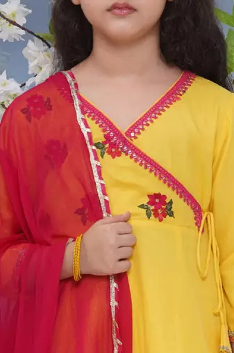 Girls floral embroidered angrakha gotta patti pure cotton kurta with trousers & with dupatta