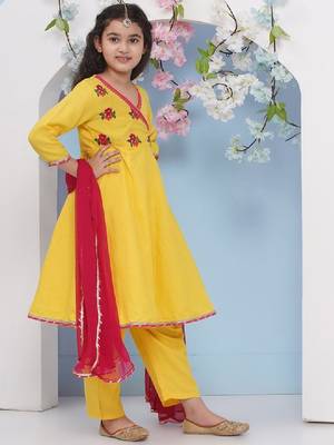 Girls floral embroidered angrakha gotta patti pure cotton kurta with trousers & with dupatta 4