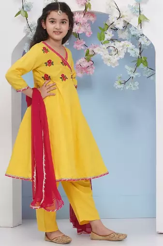 Girls floral embroidered angrakha gotta patti pure cotton kurta with trousers & with dupatta