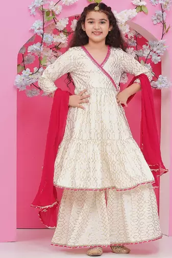 Girls printed angrakha gotta patti pure cotton kurta with sharara & with dupatta