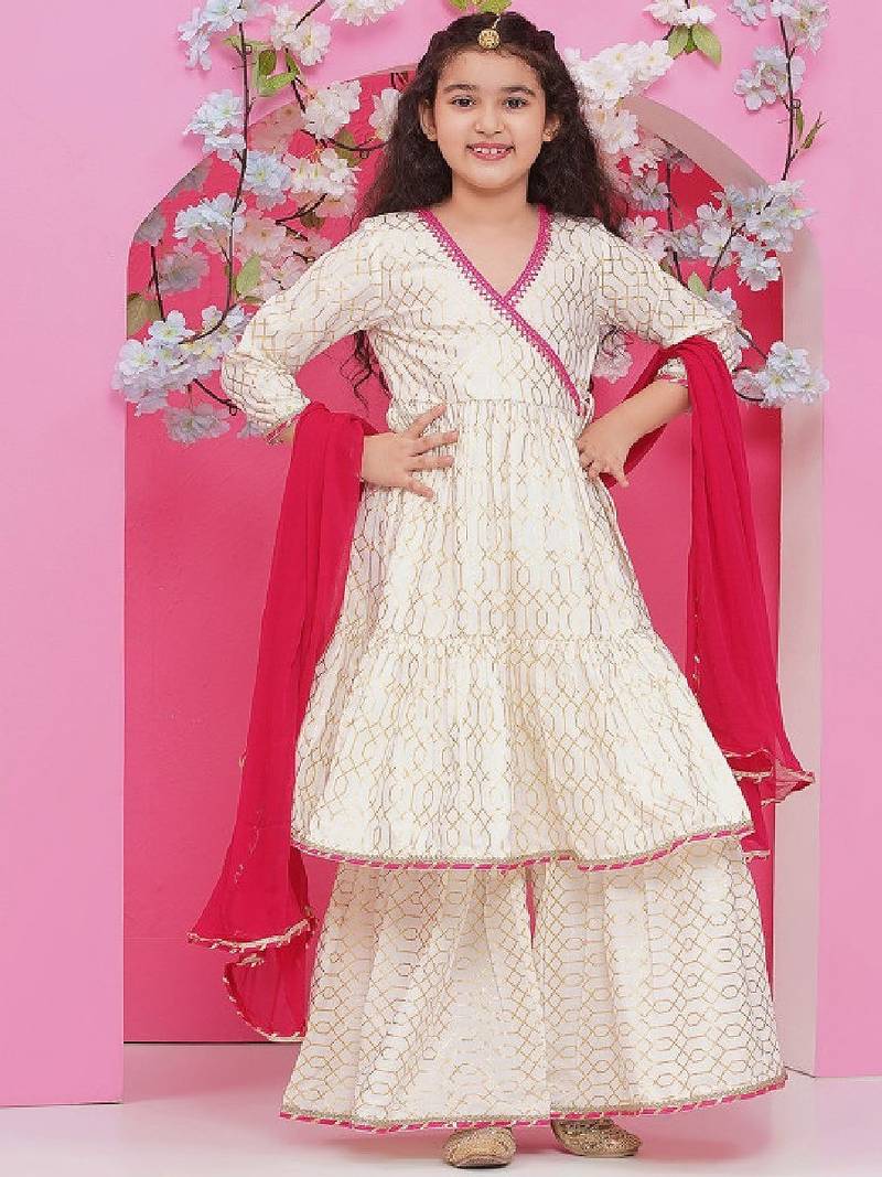 Girls printed angrakha gotta patti pure cotton kurta with sharara & with dupatta
