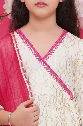 Girls printed angrakha gotta patti pure cotton kurta with sharara & with dupatta