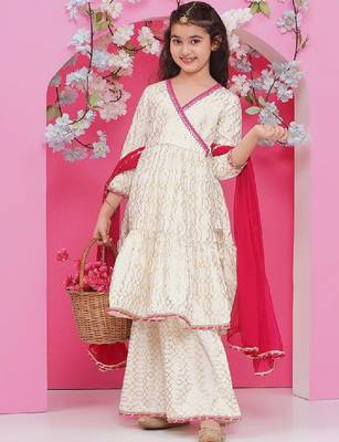 Girls printed angrakha gotta patti pure cotton kurta with sharara & with dupatta 4