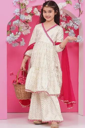 Girls printed angrakha gotta patti pure cotton kurta with sharara & with dupatta