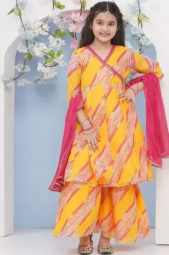 Girls printed angrakha gotta patti kurta with sharara & with dupatta