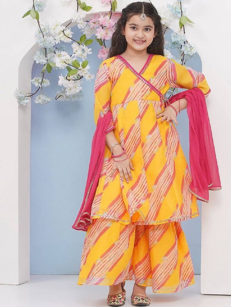 Girls printed angrakha gotta patti kurta with sharara & with dupatta