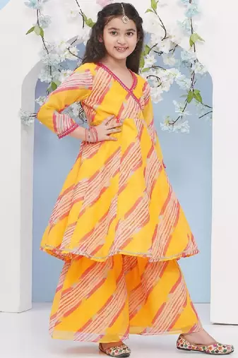Girls printed angrakha gotta patti kurta with sharara & with dupatta