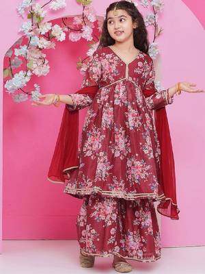 Girls floral printed empire gotta patti kurta with sharara & with dupatta 1