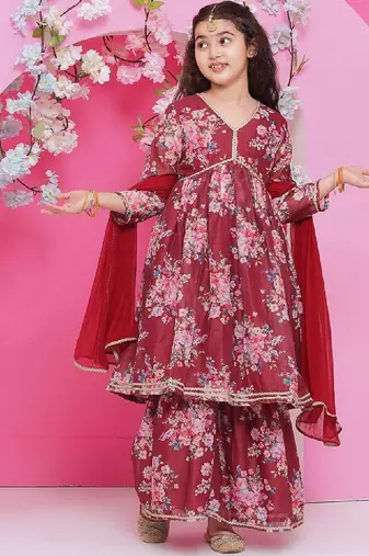 Girls floral printed empire gotta patti kurta with sharara & with dupatta