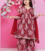 Girls floral printed empire gotta patti kurta with sharara & with dupatta