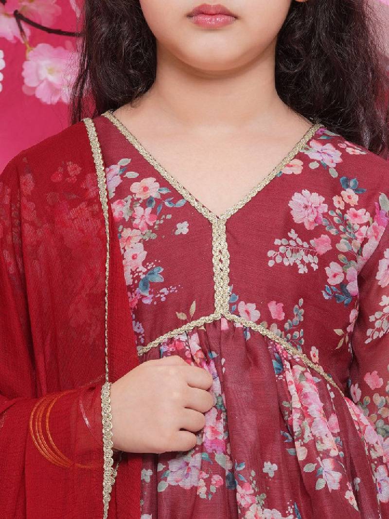 Girls floral printed empire gotta patti kurta with sharara & with dupatta
