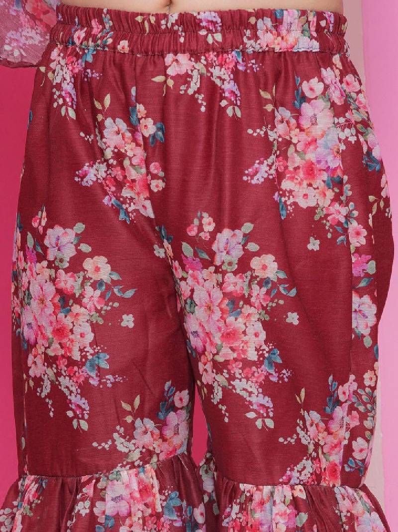 Girls floral printed empire gotta patti kurta with sharara & with dupatta