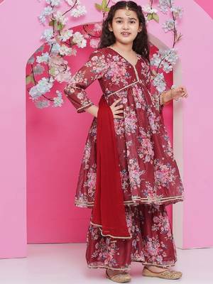 Girls floral printed empire gotta patti kurta with sharara & with dupatta 4