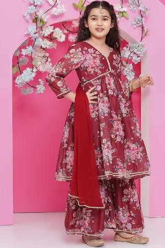 Girls floral printed empire gotta patti kurta with sharara & with dupatta