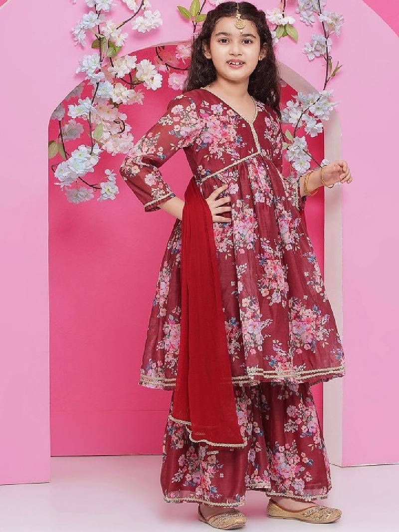 Girls floral printed empire gotta patti kurta with sharara & with dupatta