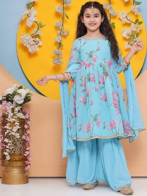Girls floral printed regular gotta patti kurta with sharara & with dupatta 1