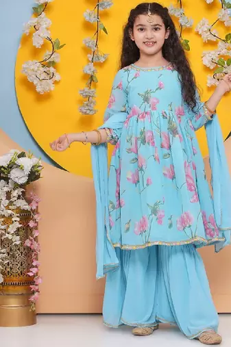Girls floral printed regular gotta patti kurta with sharara & with dupatta