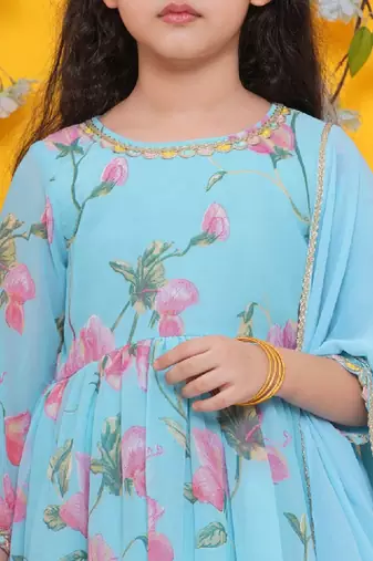 Girls floral printed regular gotta patti kurta with sharara & with dupatta