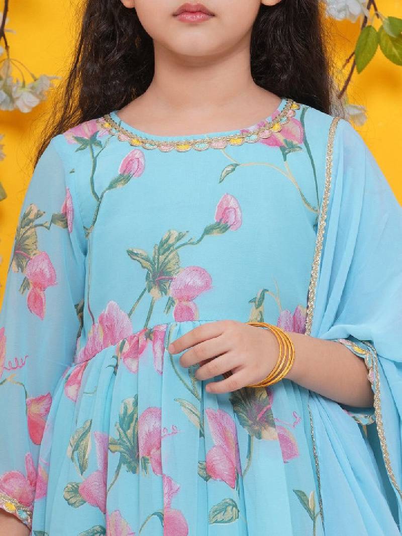 Girls floral printed regular gotta patti kurta with sharara & with dupatta