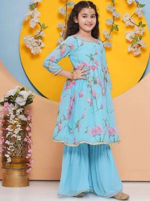 Girls floral printed regular gotta patti kurta with sharara & with dupatta 4