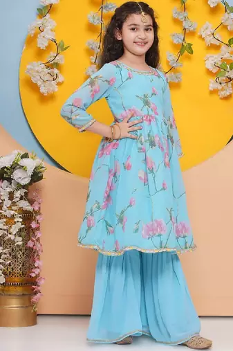 Girls floral printed regular gotta patti kurta with sharara & with dupatta