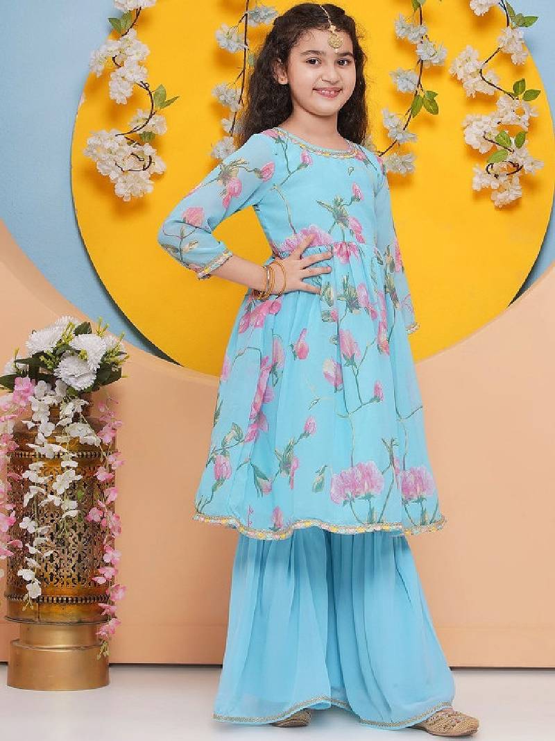 Girls floral printed regular gotta patti kurta with sharara & with dupatta