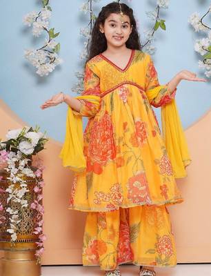 Girls floral printed empire gotta patti kurta with sharara & with dupatta 1