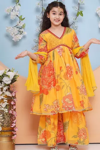 Girls floral printed empire gotta patti kurta with sharara & with dupatta