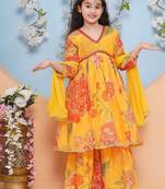 Girls floral printed empire gotta patti kurta with sharara & with dupatta